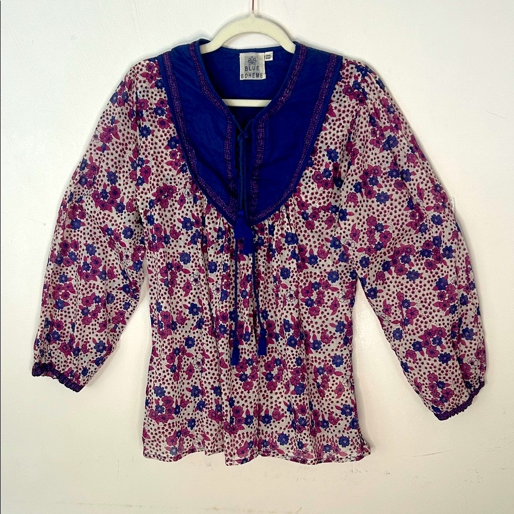 BLUE BOHEME Cotton Blouse with Tassels and Embroidery One Size